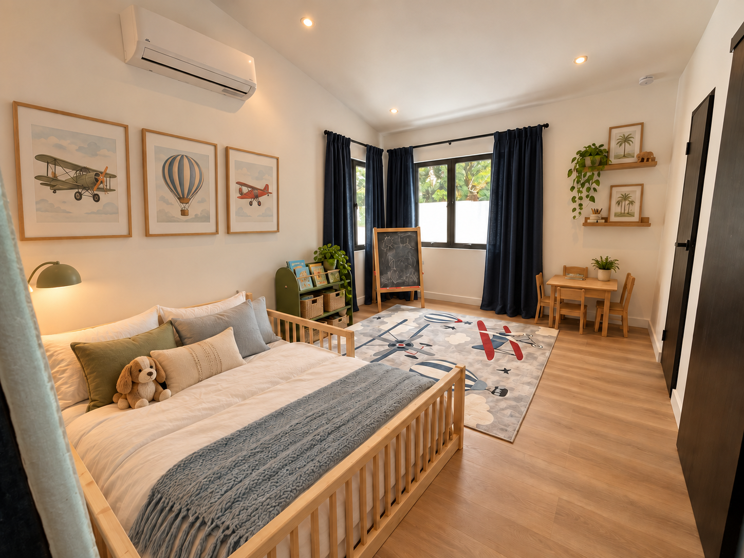 Proposed children's room retaining the existing low wood bed, airplane rug, chalkboard, child-size table and original dark blue curtains