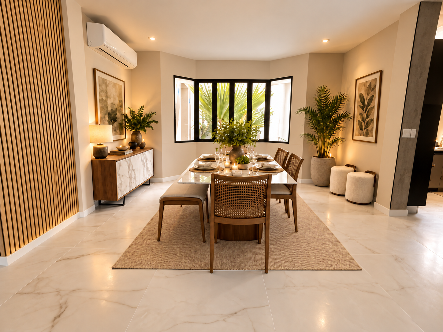 Proposed dining room styling retaining the original wood and cane chairs and bench, with recessed ceiling lights and no chandelier
