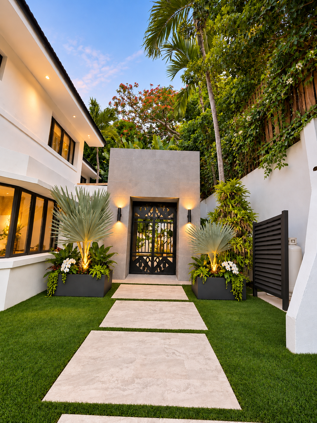 Proposed main entrance styling with the existing slate portal, black gate, planters and upper-right fence softened by climbing greenery