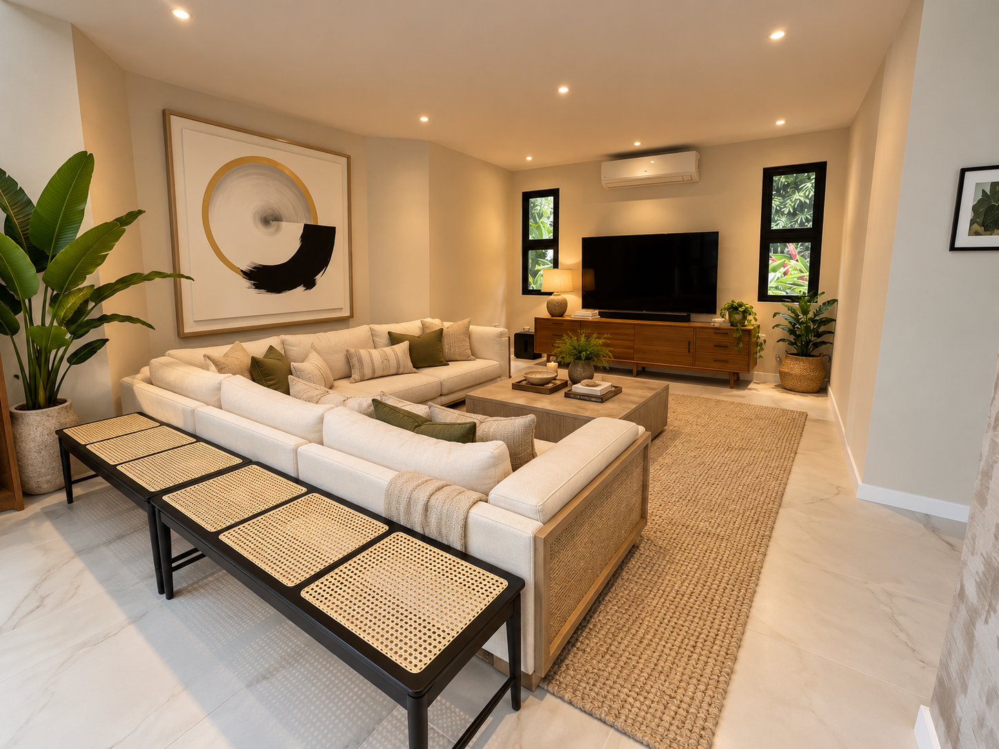 Proposed styling for the living room with a large sectional and television