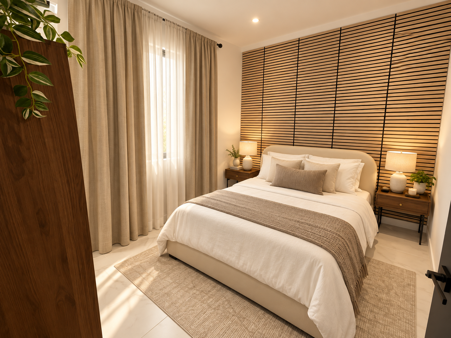Proposed styling of the existing cream bed, slatted wall, side tables, curtains and rug