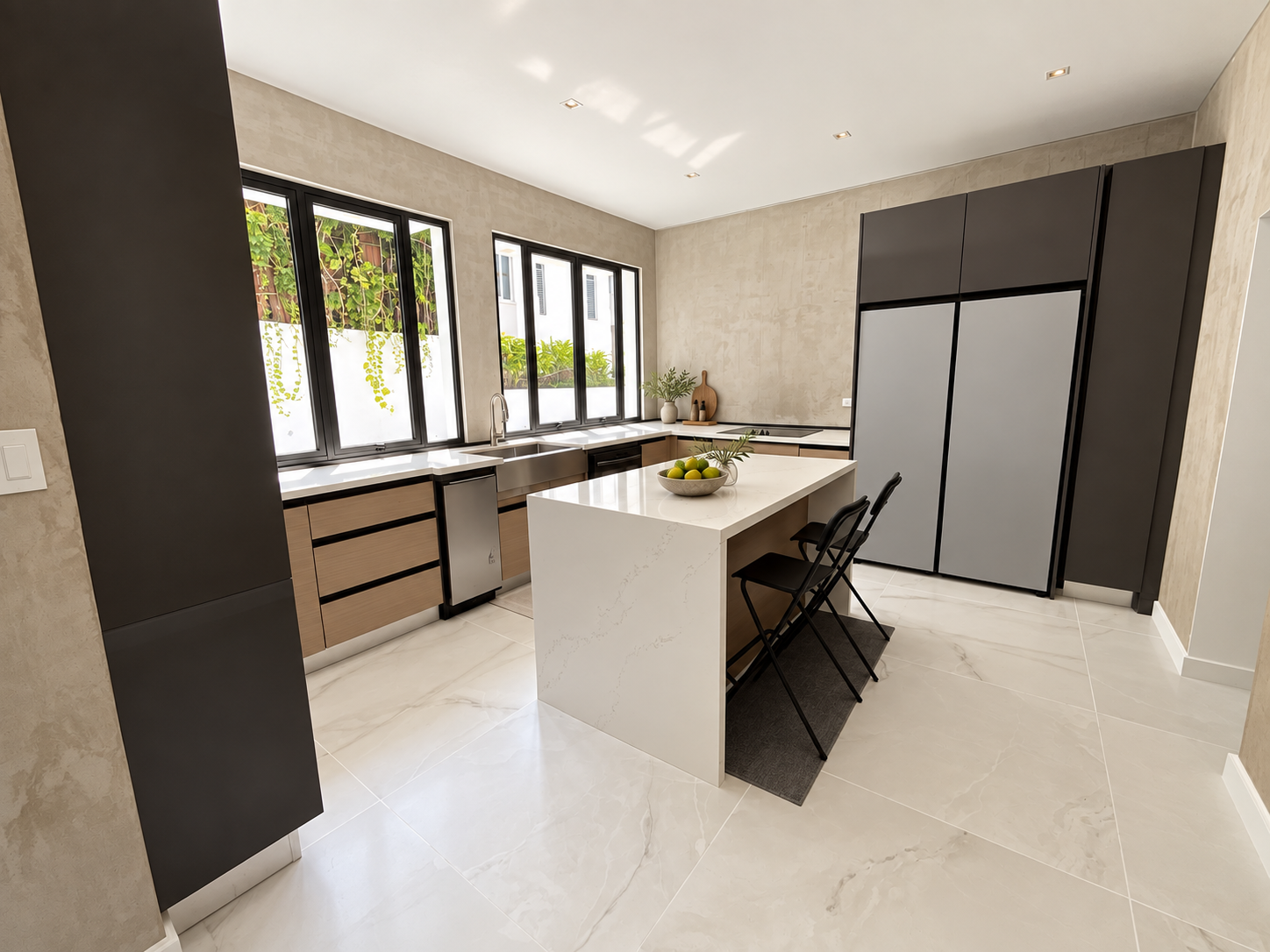 Proposed kitchen styling with clear counters, existing dark cabinetry and white island; water filter removed
