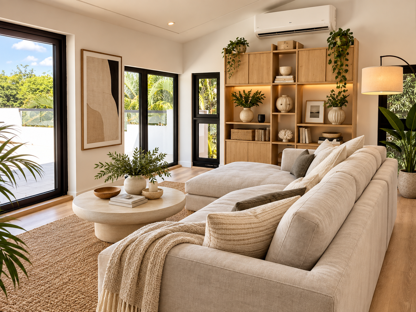 Proposed styling for the family lounge with light sectional and garden-facing windows