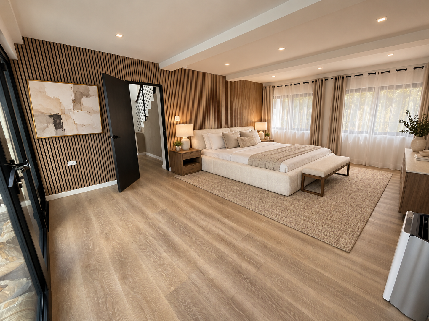 Proposed primary bedroom with the Frame TV mounted as framed art on the slatted wall