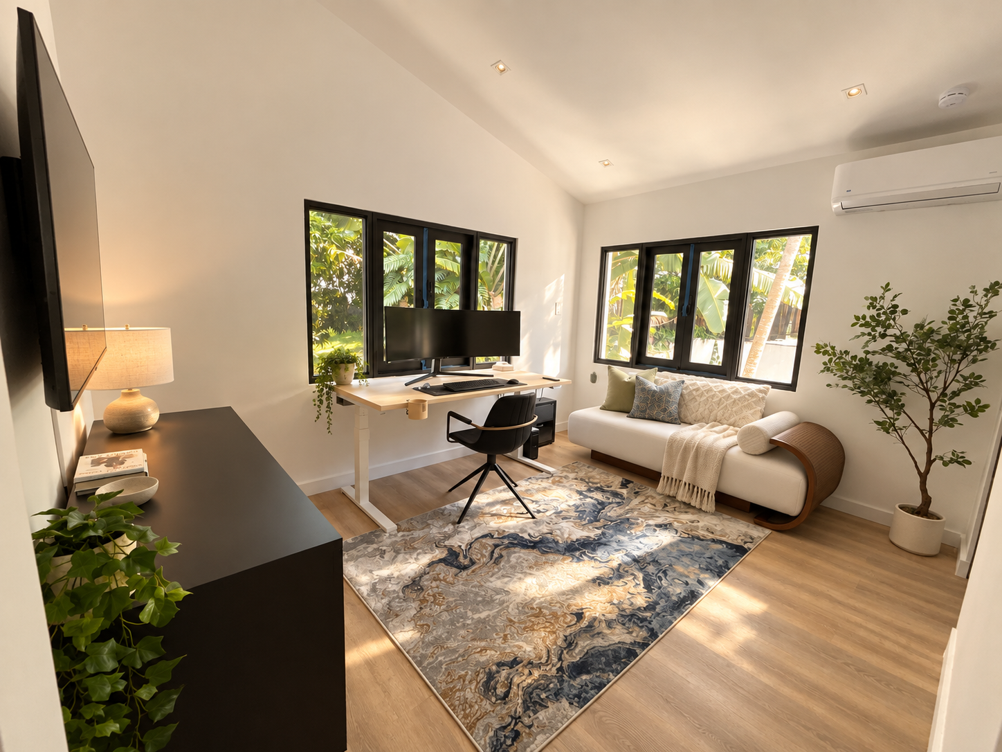 Proposed study retaining the original black chair, patterned rug, desk and curved white sofa, with no center table